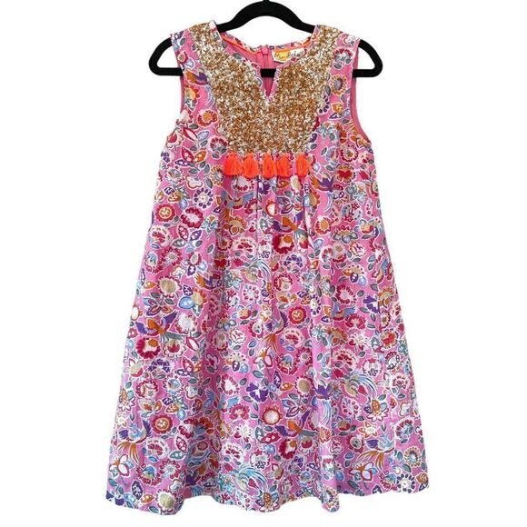 Mini Boden Tropical Paisley Print Gold Sequin Detail Dress Size 8-9Y - Picture 1 of 6